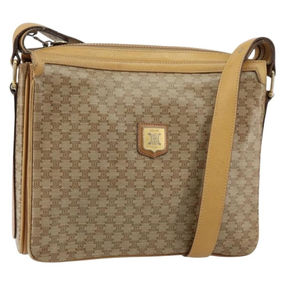 Authentic CELINE Macadam Canvas Shoulder Bag PVC Beige Gold